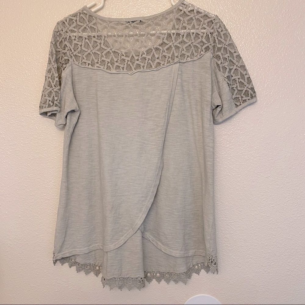 Elena Baldi gray wrapped back short sleeve Made in Italy Lace blouse -L